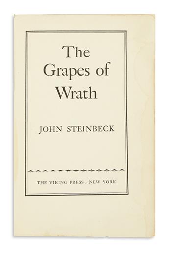 STEINBECK, JOHN. The Grapes of Wrath. Signed and Inscribed, For Jerry Cady / This, as far as I know, is what happens to them / John St
